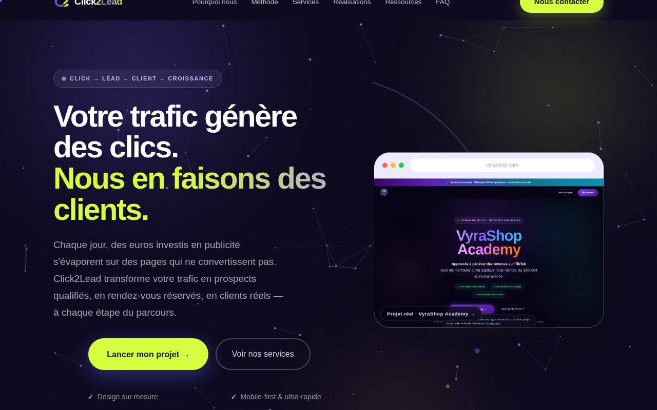 Click2Lead — Section héro avec accroche et mockup produit